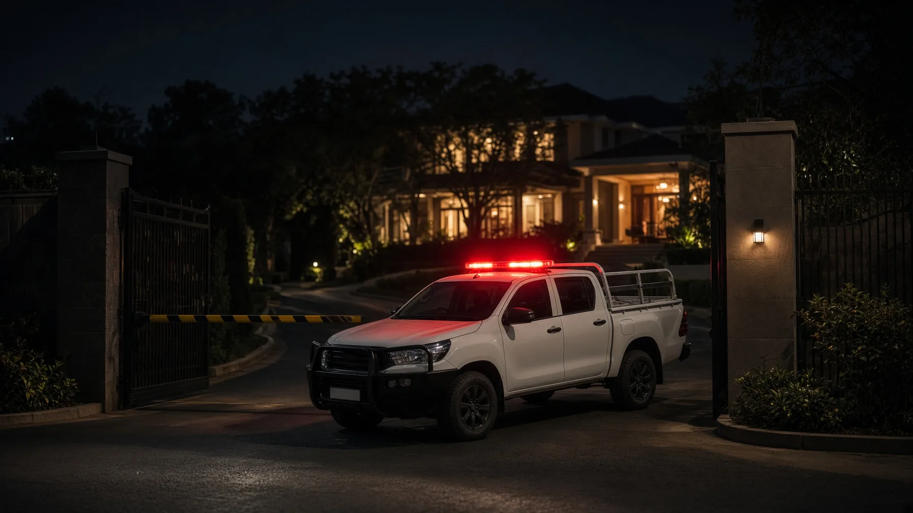Armed response vehicle at a gated estate at night